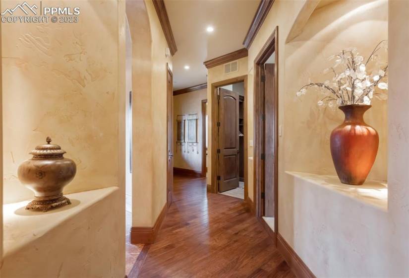 Accent lighted hallway niches give a special touch