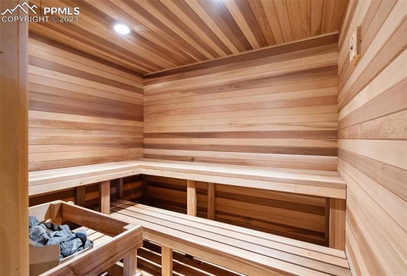 Beyond spacious state of the art sauna with room for friends, family or guests