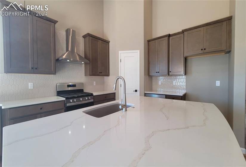 Quartz counters, pantry, large island providing additional seating, stainless steel pyramid hood, gas range, microwave, and dishwasher!