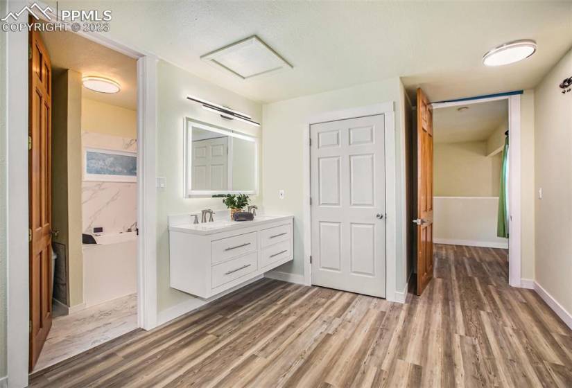 Primary bedroom vanity double sinks upper level