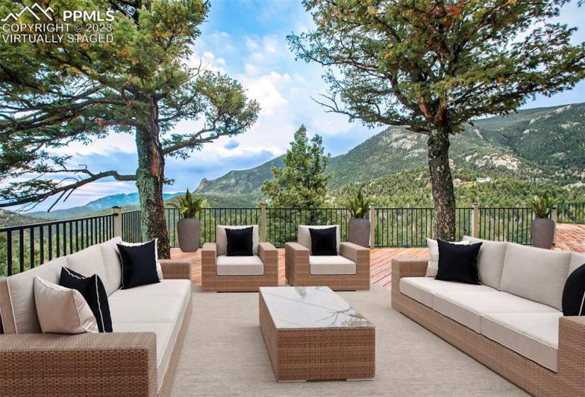1800 sf of deck and surrounding mountains Virtually staged