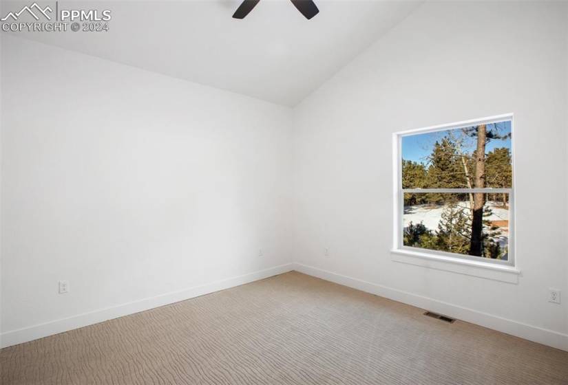Unfurnished primary suite featuring ceiling fan, light colored carpet, and vaulted ceiling