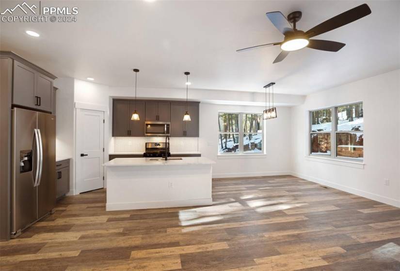 Kitchen featuring hanging light fixtures, ceiling fan, stainless steel appliances, and dark hardwood / wood-style floors