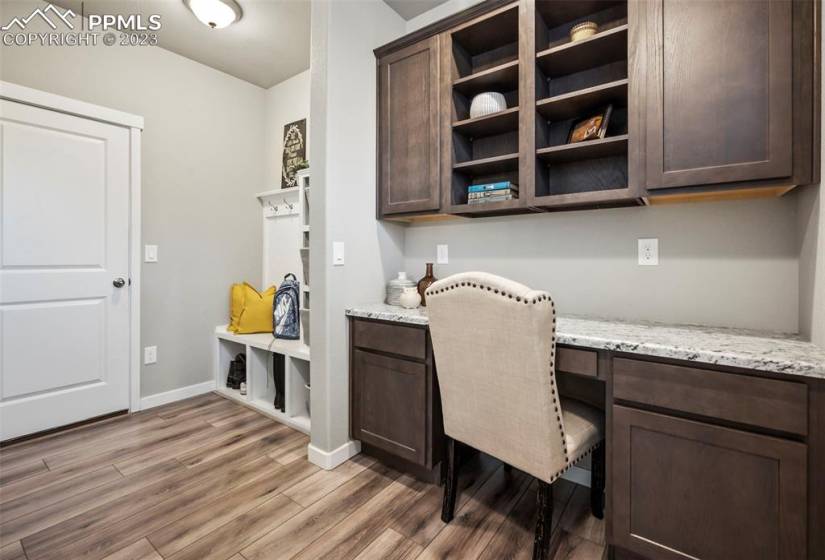 Amazing mud room with included bench and desk!  It also has a second walk in closet/pantry!