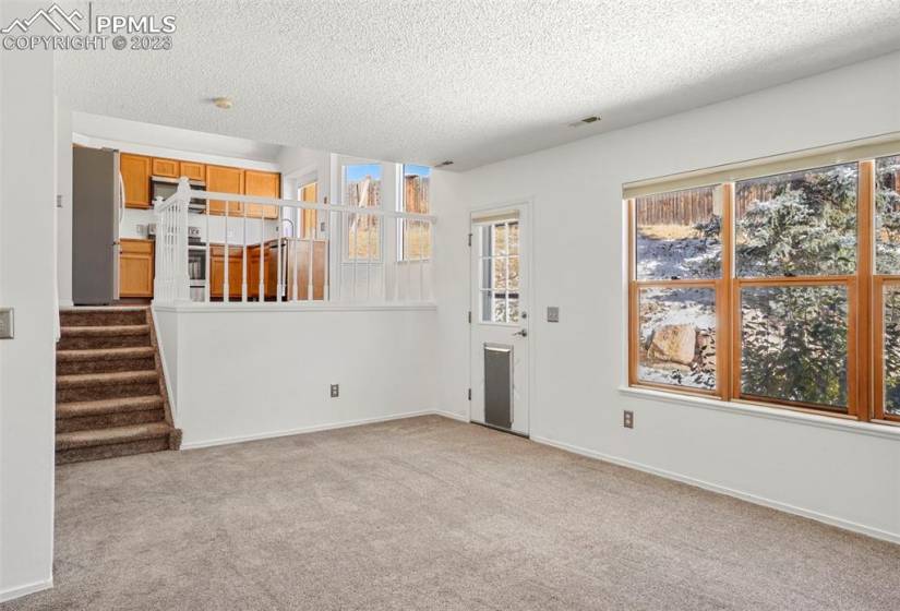 The large family room has cozy carpet and access to the backyard.