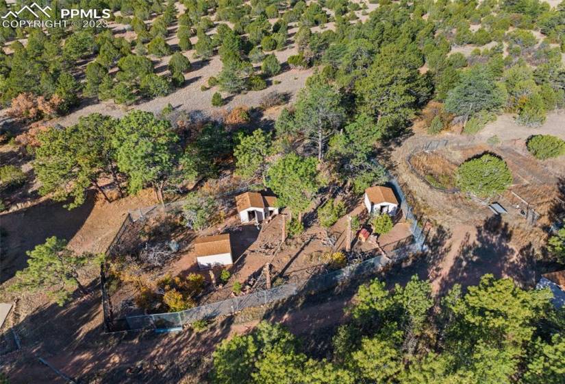 Fenced in area behind house with chicken coops