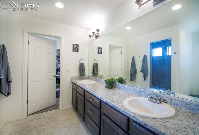 The Primary adjoining bathroom has a spacious vanity with double sinks, Shower, separate toilet area and walk in closet.