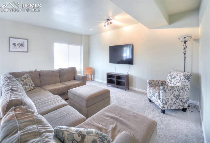 The light and bright walkout family room in the basement is a great space for movie and game nights.