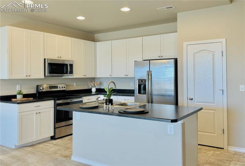 Kitchen features all Stainless Steel appliances, island, recessed lighting, low-maintenance countertop