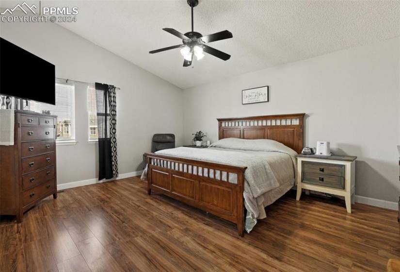 Expansive upper level Master Bedroom boasts vaulted ceiling and warm wood flooring.