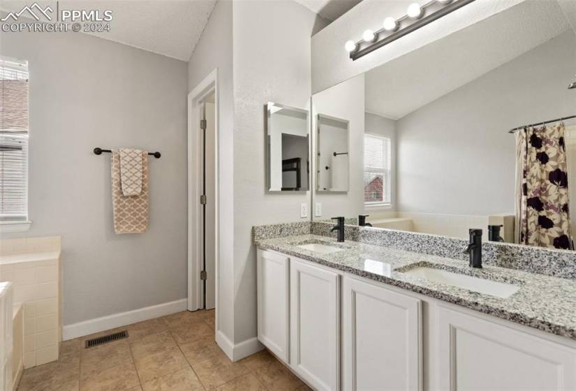 Attractive, updated 5-piece Master Bathroom includes granite vanity countertop.