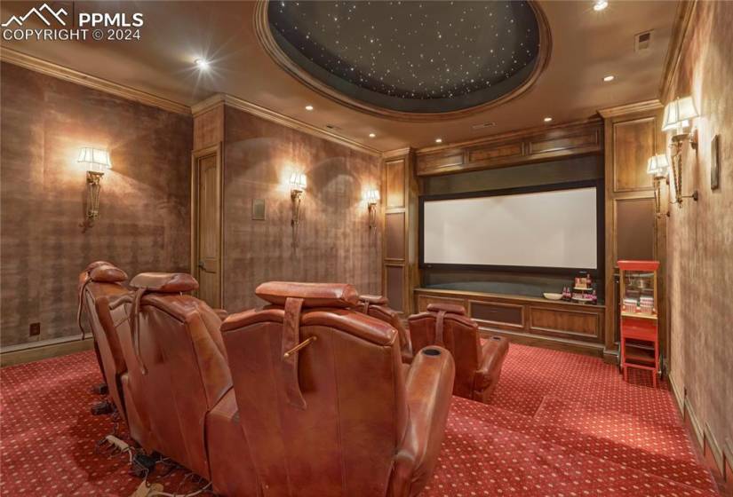 Home theatre with fabric wall coverings, Stewart screen & JVC projector with anamorphic lens