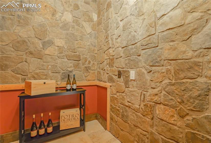 Wine cellar and chandelier