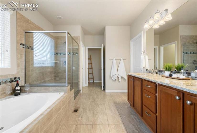 Main Level Primary Bathroom with dual sink vanity, mirror, walk in closet, soaking tub, and separate tiled shower.