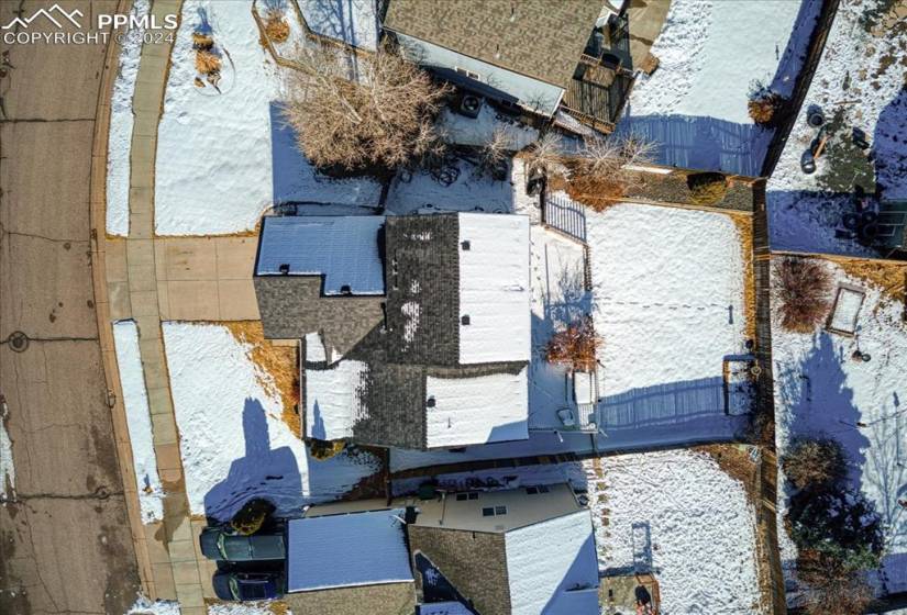 Aerial view of home and lot.