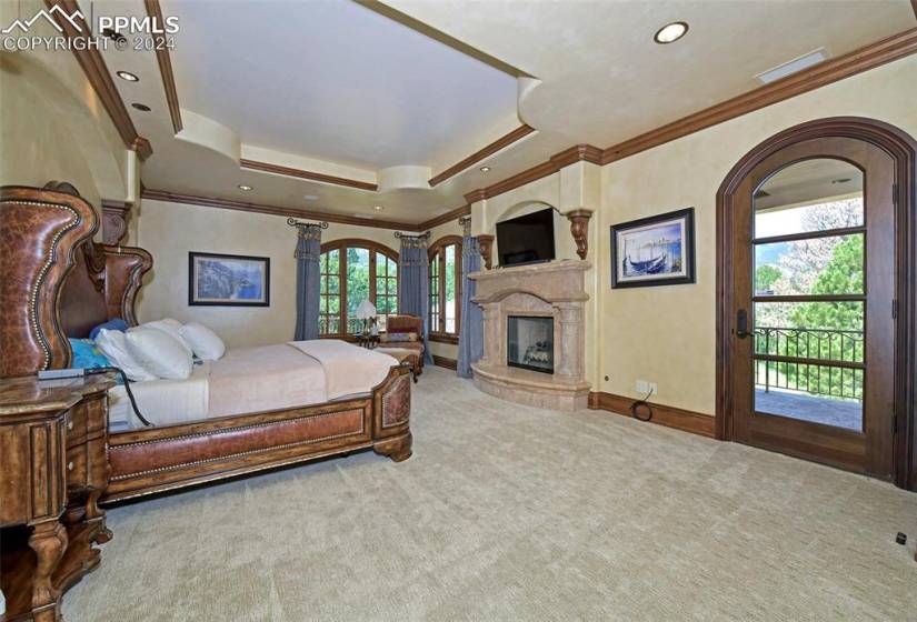 Bedroom featuring access to exterior, ornamental molding, light carpet, and a raised ceiling