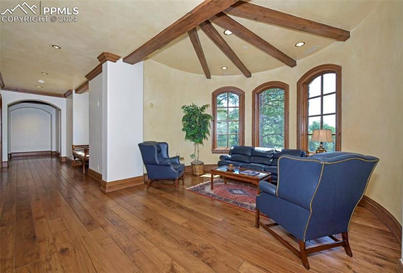 Living room with dark hardwood / wood-style floors and lofted ceiling