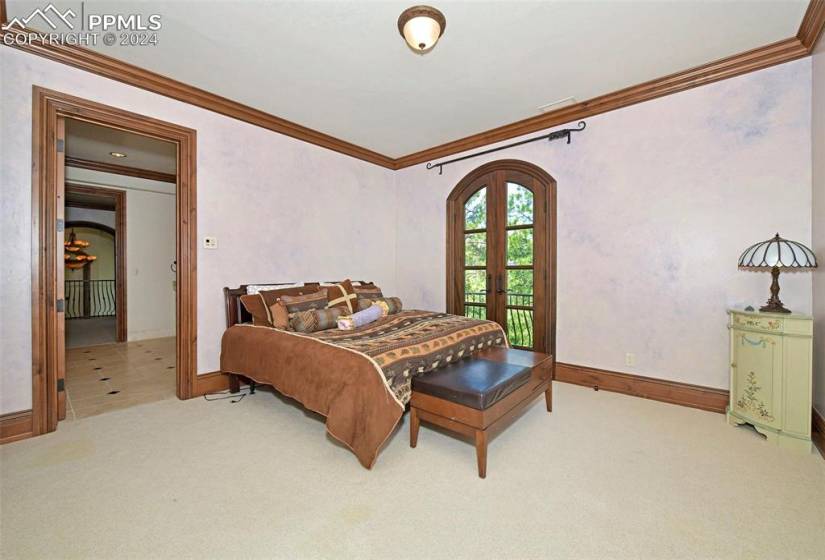 Carpeted bedroom with crown molding and french doors