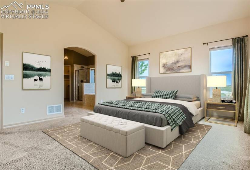 Virtually staged master suite with vaulted ceiling, wall-to-wall windows, 5-piece master en-suite bathroom, and walk-in closet.