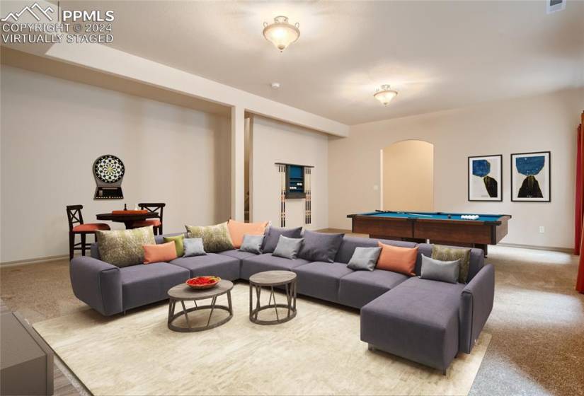 Virtually staged game/family room large enough for tv viewing and games.