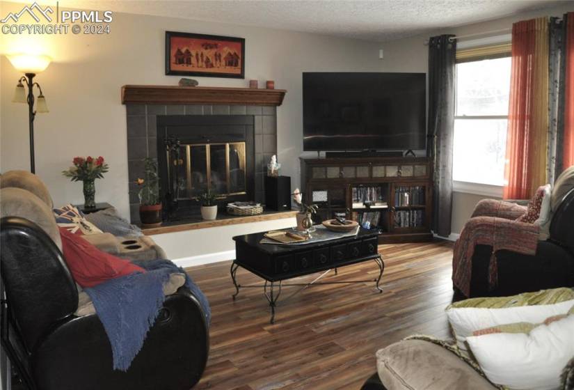 Spacious Family Room with Gas Fireplace and New Wood Laminate Flooring