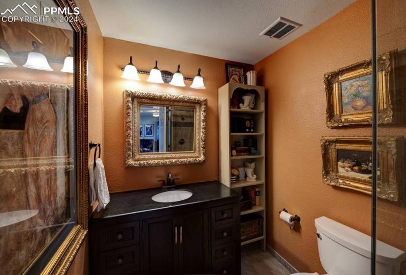 Bathroom featuring hardwood / wood-style flooring, vanity, a textured ceiling, and toilet