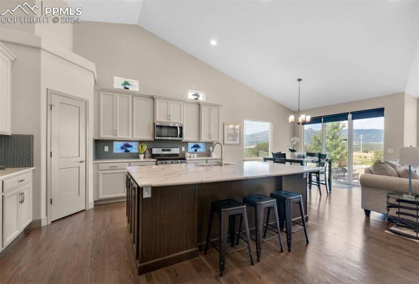 Kitchen with hardwood  floors, a chandelier, stainless steel appliances, and sink