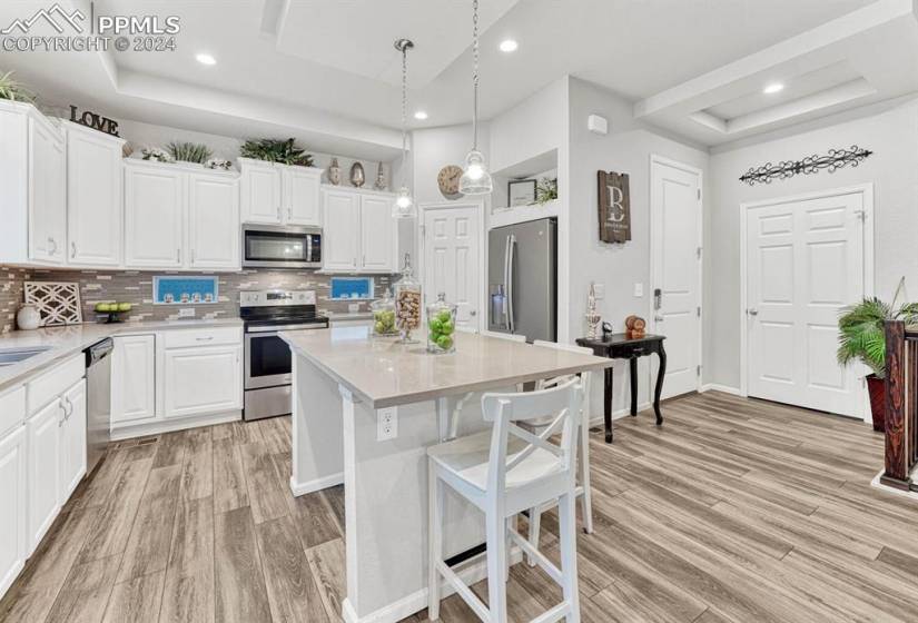 Kitchen with light hardwood / wood-style floors, a raised ceiling, a kitchen island, pendant lighting, and appliances with stainless steel finishes