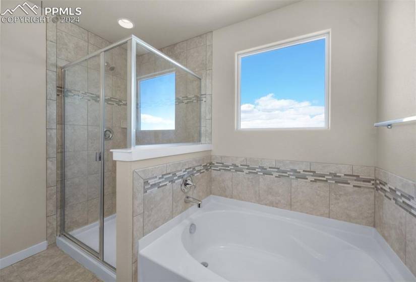 Bathroom with independent shower and bath and tile flooring