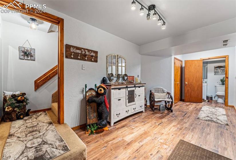 Living area with rail lighting and light hardwood / wood-style floors