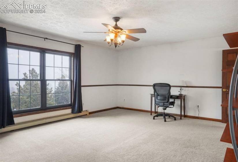 Unfurnished office with plenty of natural light, ceiling fan, and light carpet