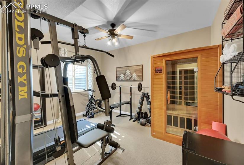 Workout area with ceiling fan and light carpet