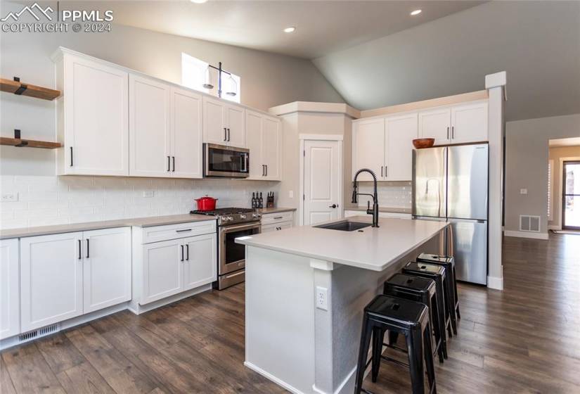 Kitchen featuring white cabinets, dark wood-type flooring, tasteful backsplash, sink, and stainless steel appliances