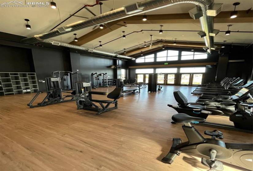 Exercise room featuring light hardwood / wood-style floors and a towering ceiling