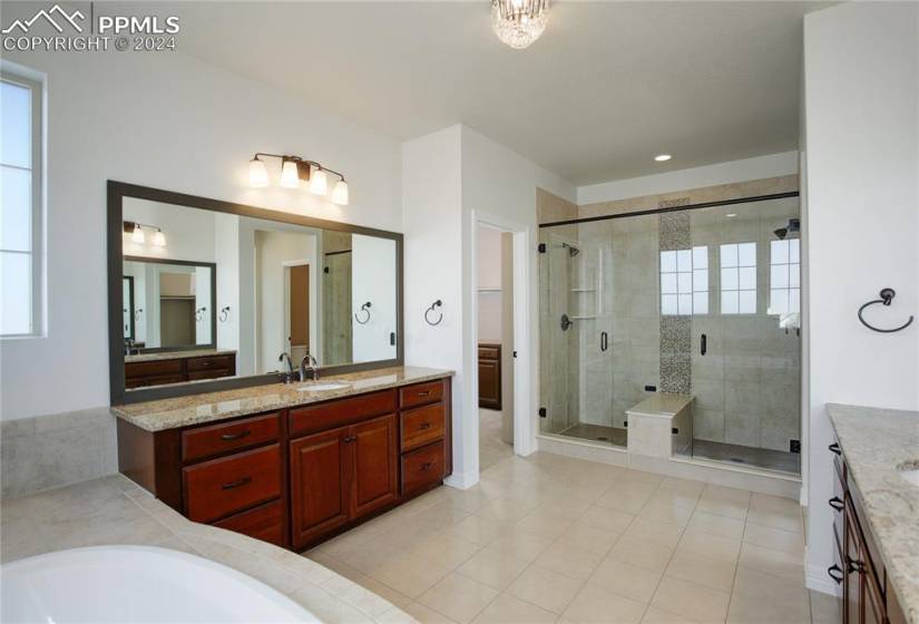 Primary bath with dual vanity and double stall shower