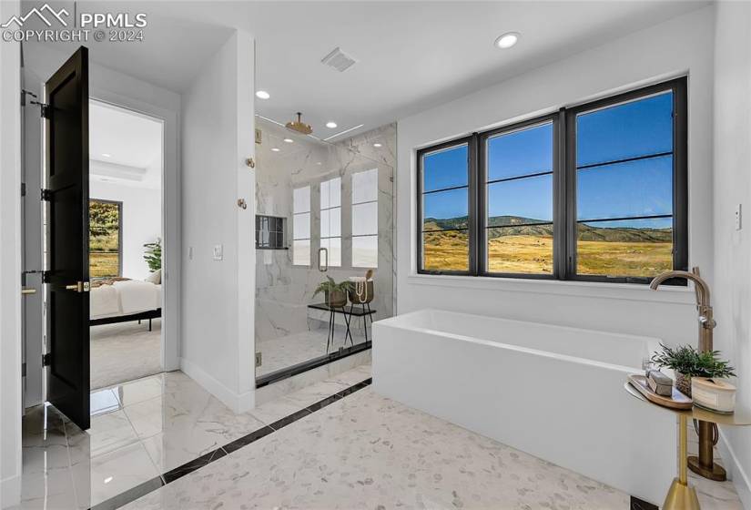 Bathroom featuring tile flooring, plus walk in shower, and a healthy amount of sunlight