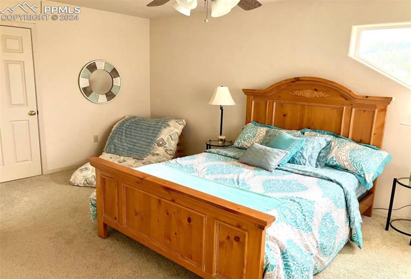 Carpeted bedroom with ceiling fan