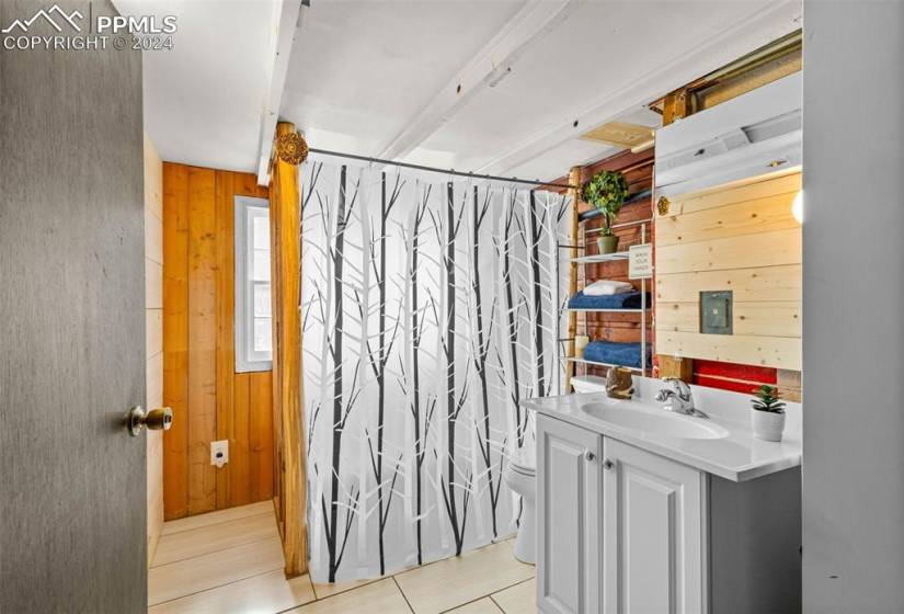 Bathroom with large vanity, wooden walls, and toilet