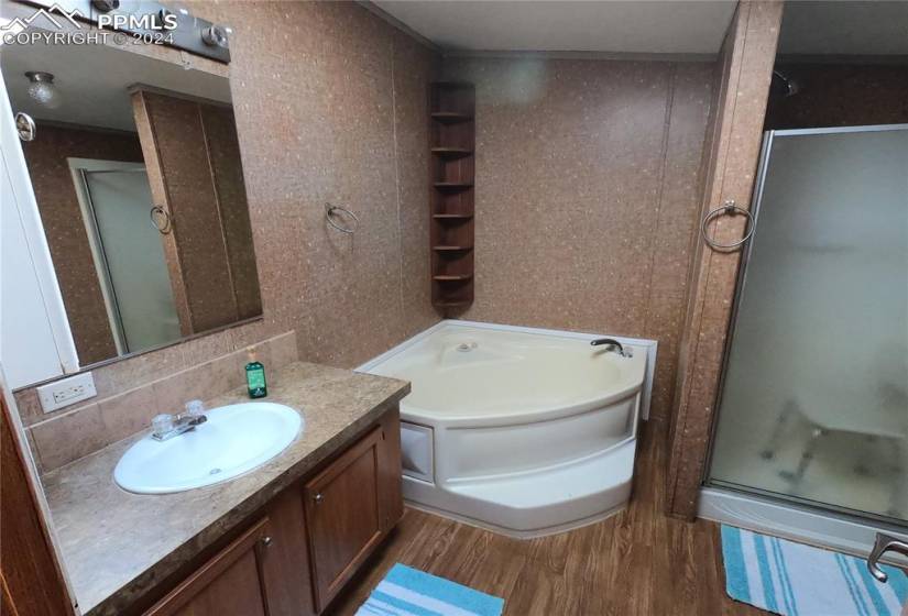 Bathroom with tasteful backsplash, large vanity, hardwood / wood-style floors, and separate shower and tub