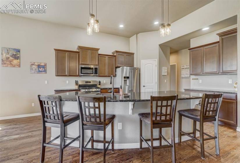 Kitchen featuring light hardwood / wood-style floors, appliances with stainless steel finishes, a kitchen island with sink, and pendant lighting