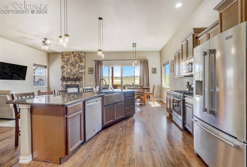 Kitchen featuring a fireplace, dark hardwood / wood-style flooring, stainless steel appliances, sink, and a center island with sink