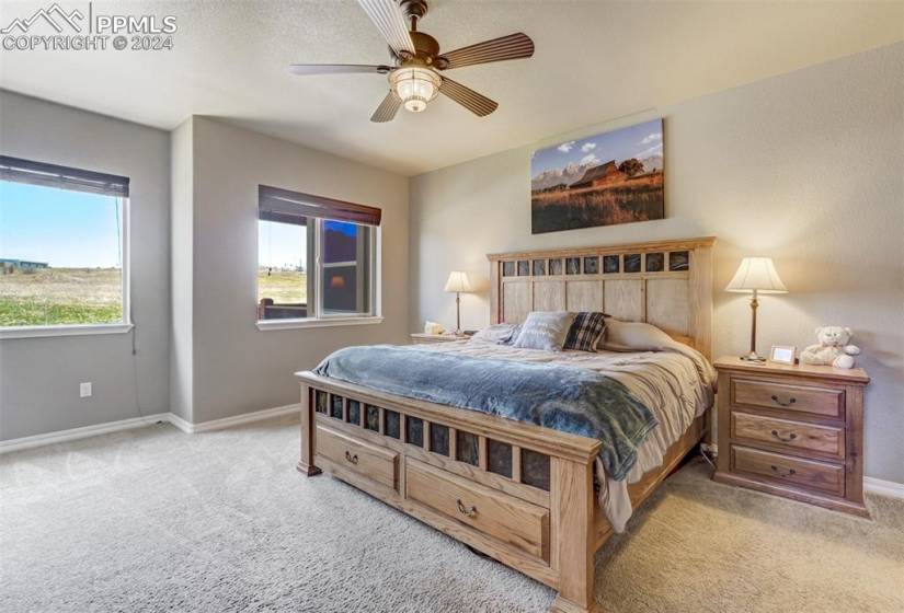 Bedroom featuring carpet floors and ceiling fan