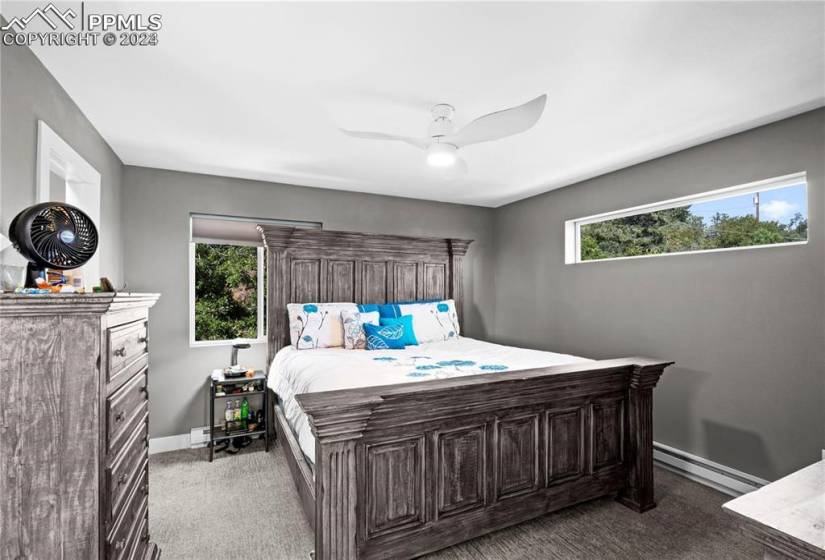 Bedroom featuring dark colored carpet, a baseboard radiator, and ceiling fan