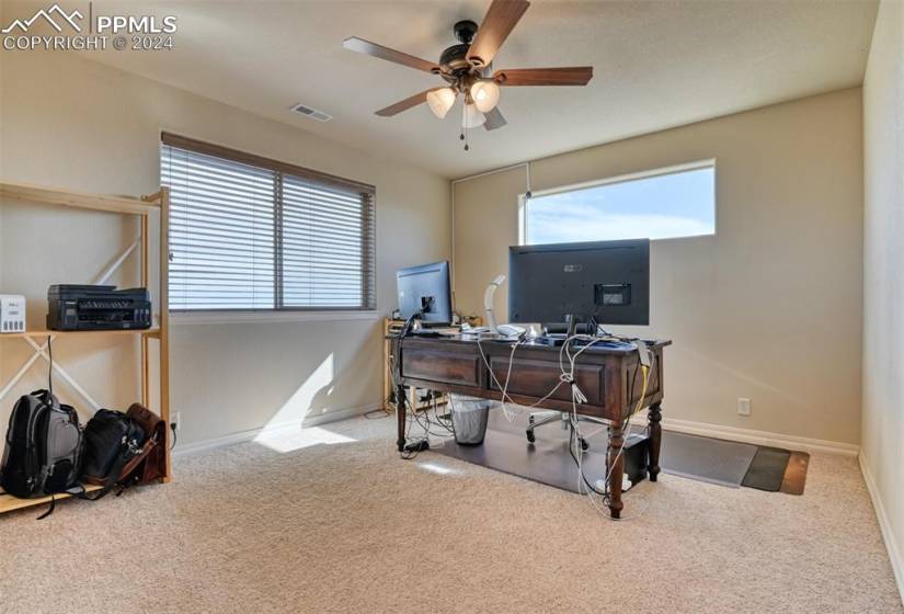 Carpeted home office with a healthy amount of sunlight and ceiling fan