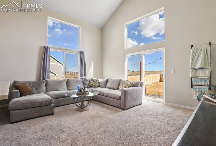 Carpeted living room with high vaulted ceiling and walk-out to the concrete patio, overlooking the large, level yard.  Backs to open space!