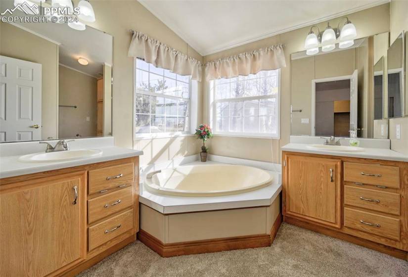 Bathroom featuring a tub, vaulted ceiling, double sink, and vanity with extensive cabinet space