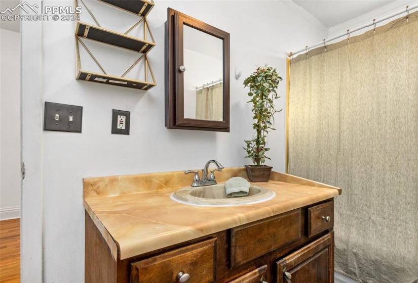 Bathroom featuring hardwood / wood-style flooring and vanity with extensive cabinet space