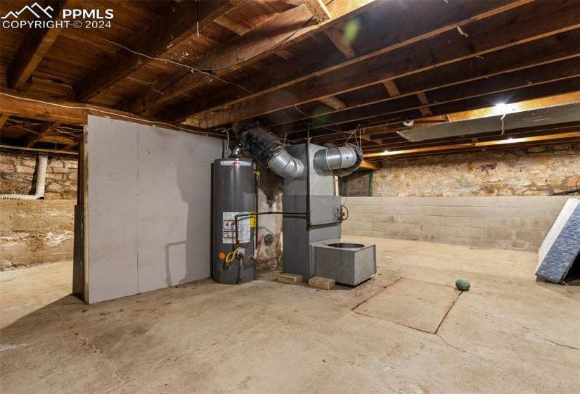 Basement featuring water heater