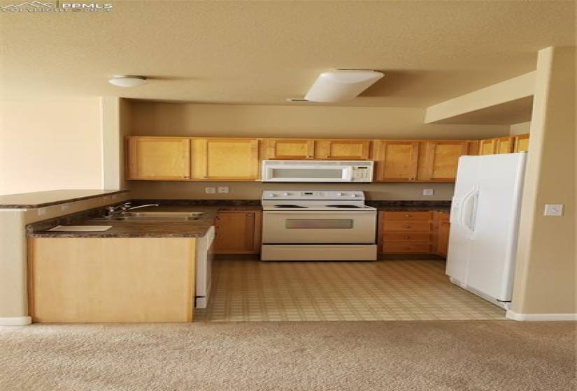 Kitchen with a textured ceiling, light carpet, fridge, electric stove, and sink