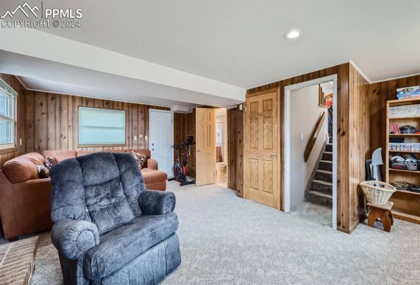 Carpeted family room featuring wooden walls